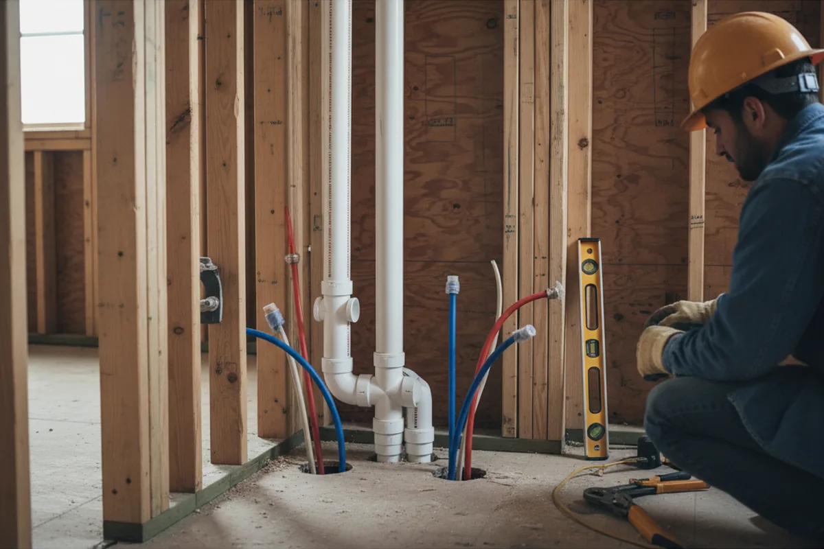 Drain and supply rough-in during Leak Detection in Booth