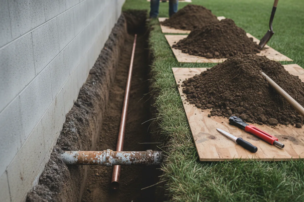 Excavated water line trench during Water Heater Repair in Booth